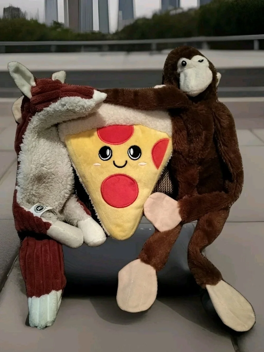 Set Of Three Dog Toys - Fox, Pizza And Monkey
